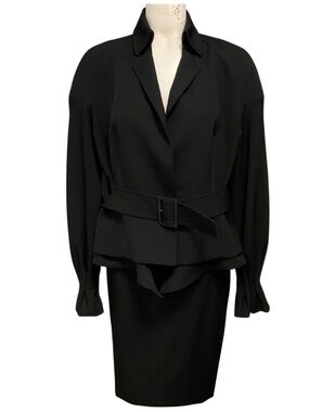 Brioni Black Silk Lined Wool Jacket and Skirt Suit Set with Belt